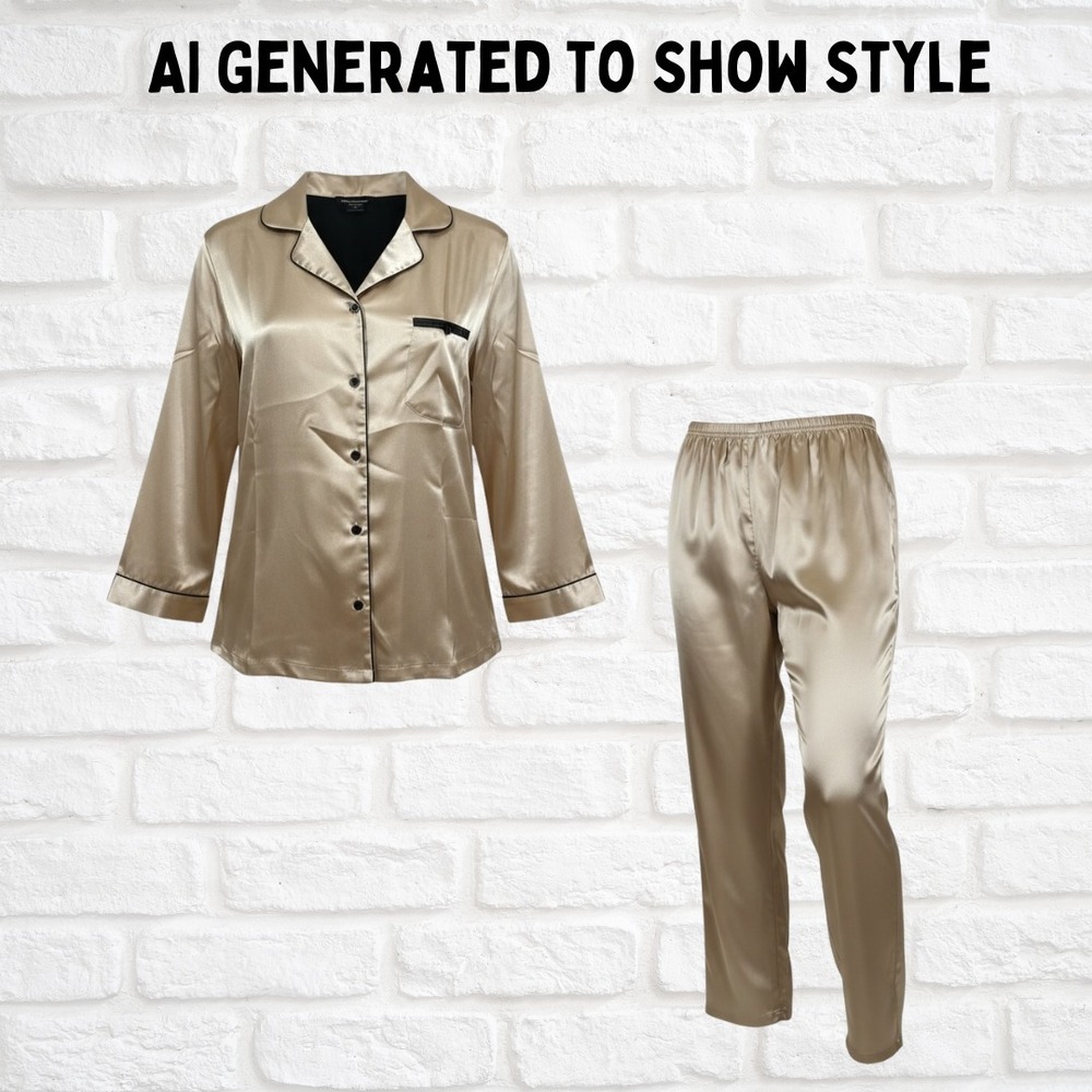 Jones New York Pajamas Set 1X Champagne Gold Satin Button Up Pants JNY Sleepwear